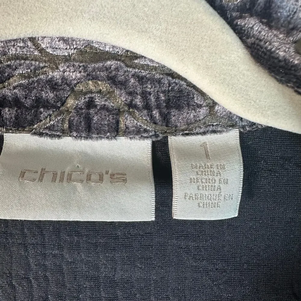 Chico's shimmery jacket velvety soft burnout pattern Open front‎ black gold